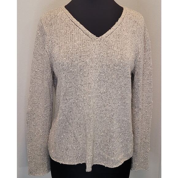 Eileen Fisher Oatmeal Lightweight V-Neck Sweater – PM – 100% Silk Sequin Sparkle - Picture 1 of 7